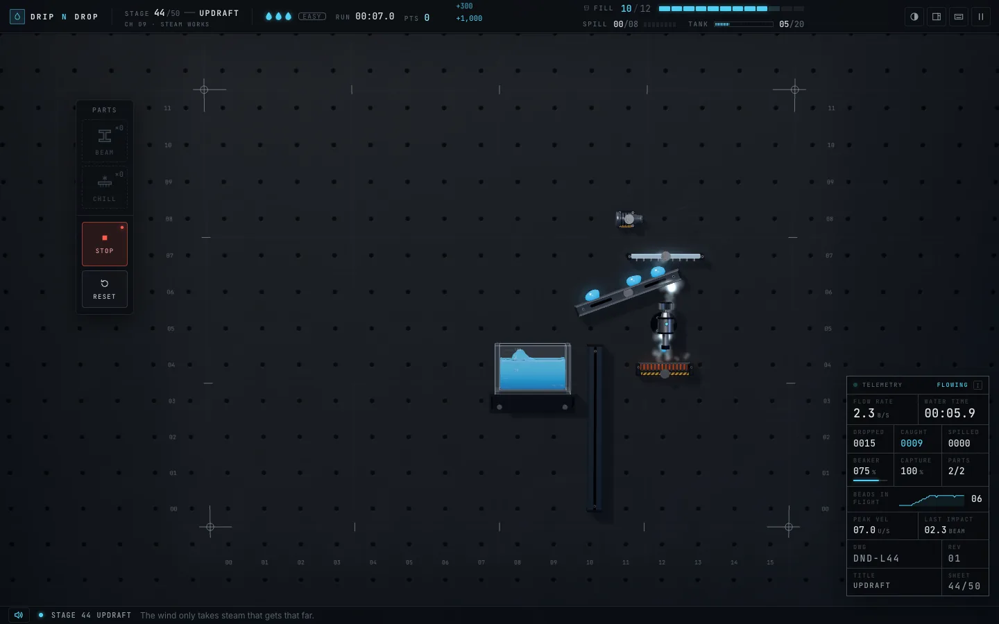 Stage 44, Updraft: water boiled into steam by a vent, condensed by a chill plate and caught by a beam into the beaker.