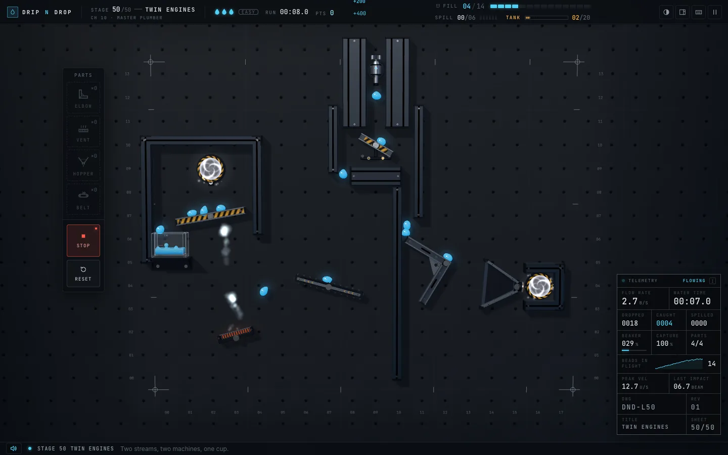 Stage 50, Twin Engines: two faucets, a portal pair, a steam vent and a belt steering water into one beaker, with the arcade HUD and telemetry panel.