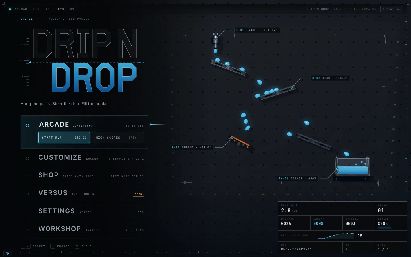 The main menu: the DRIP/DROP title block beside a live pegboard running an attract-mode machine.