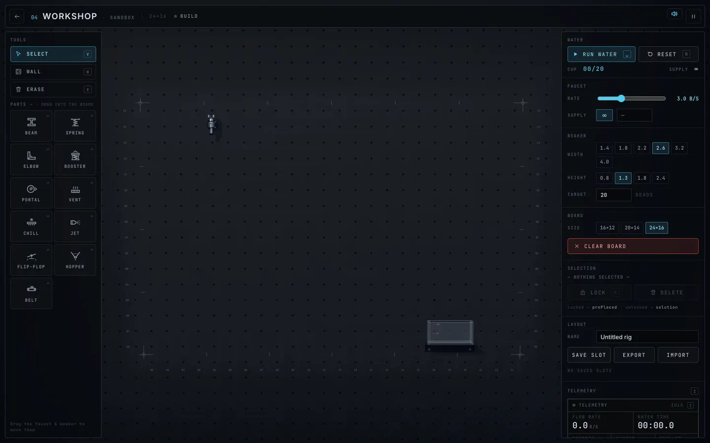 The Workshop editor: all eleven parts in the palette, a blank pegboard, faucet and beaker controls.
